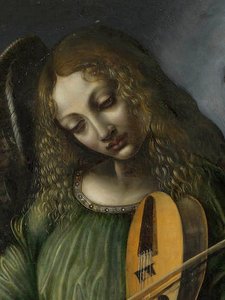 An Angel in Green with a Vielle, Part of S. Francesco Altarpiece, Milan by Circle of Leonardo da Vinci